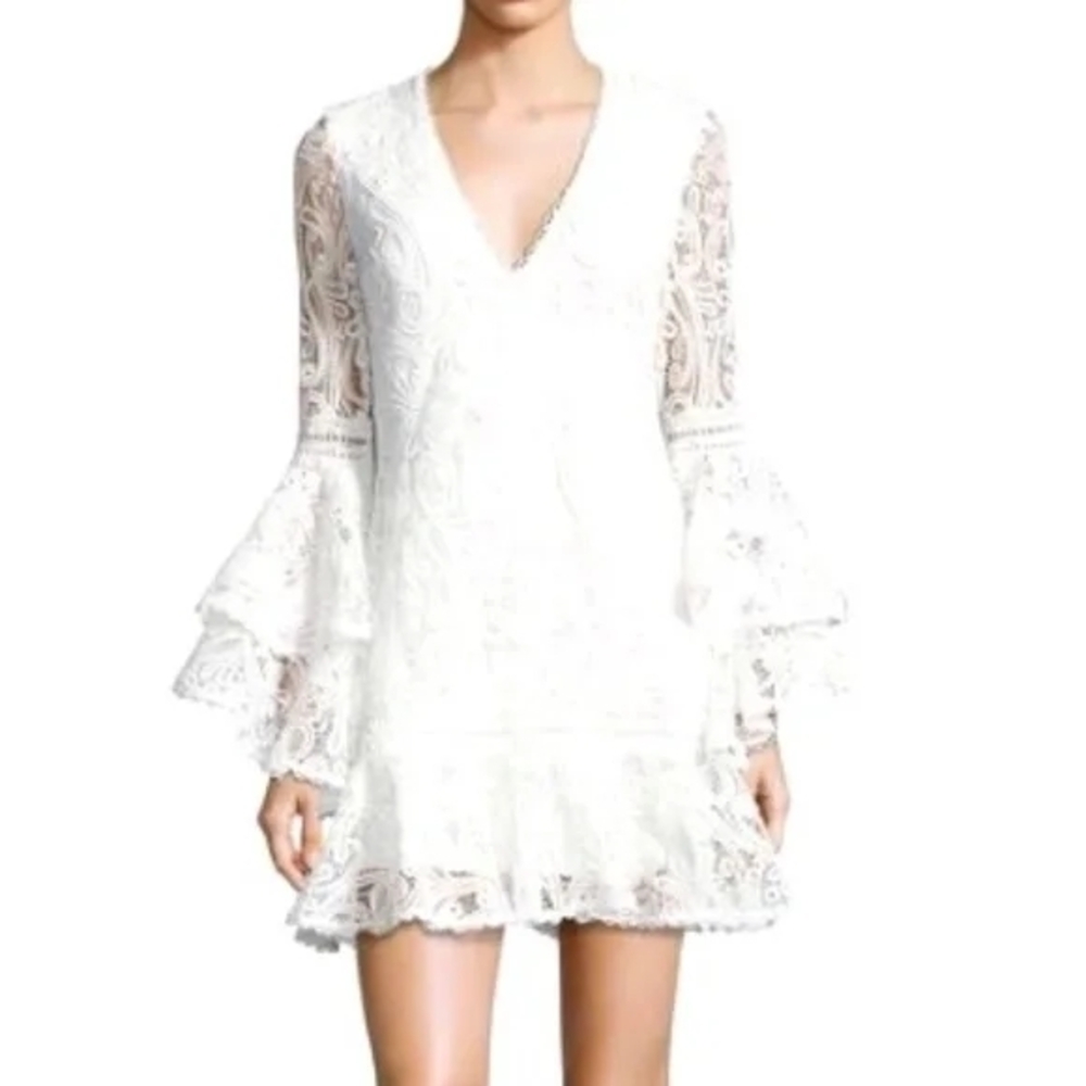 $700 Alexis Veronique Ivory Lace Bridal Mini Dress with Bell Sleeves Small